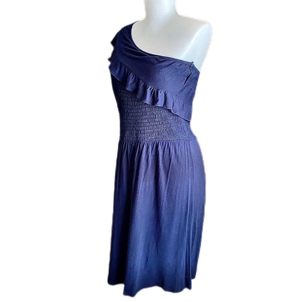 VTG MANGO One Shoulder Navy Dress with Smocking Midriff and Flounce Neckline